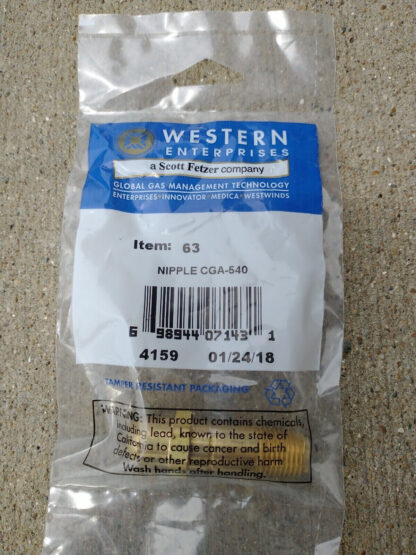 Western Enterprises 63 Brass Nipple CGA-540 1/4" Male NPT 2-1/6" Length