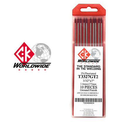 CK Wordwide T3327GT2 Tungsten Electrodes 3/32" x 7" (2.4mm x 175mm) 2% Thoriated